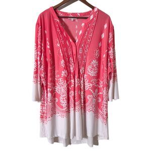 Serengeti Abstract Floral Print Pleated Button Blouse Tunic Top Size 3X Womens